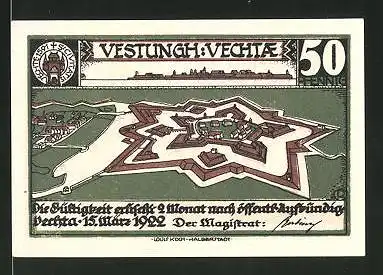 Notgeld Vechta 1922, 50 Pfennig, Festungs-Ansicht, Soldaten mit Hund