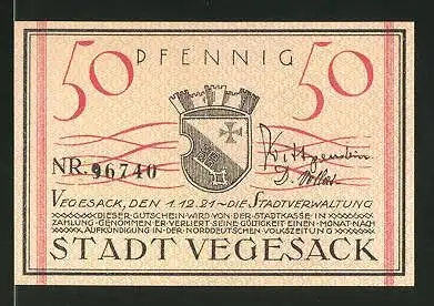 Notgeld Vegesack 1921, 50 Pfennig, Stadtwappen, Kirche