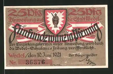 Notgeld Wedel 1921, 25 Pfennig, Stadtwappen, Johann Rist
