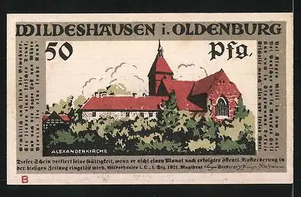 Notgeld Wildeshausen in Oldenburg 1921, 50 Pfennig, Aelxanderkirche, Schützenfest