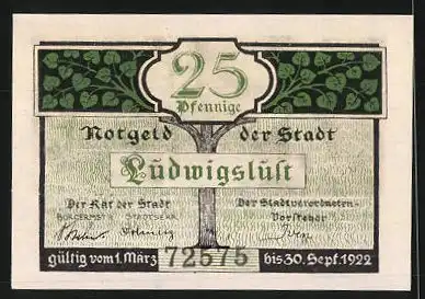 Notgeld Ludwigslust 1922, 25 Pfennig, Kranz der Linden