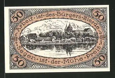 Notgeld Neidenburg in Ostpreussen 1921, 50 Pfennig, Stadtwappen, Ortsansicht