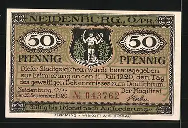 Notgeld Neidenburg in Ostpreussen 1921, 50 Pfennig, Stadtwappen, Ortsansicht