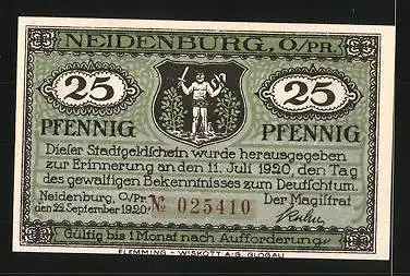 Notgeld Neidenburg in Ostpreussen 1921, 25 Pfennig, Stadtwappen, Ortsansicht