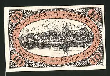 Notgeld Neidenburg in Ostpreussen 1921, 10 Pfennig, Stadtwappen, Ortsansicht