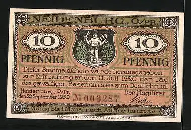 Notgeld Neidenburg in Ostpreussen 1921, 10 Pfennig, Stadtwappen, Ortsansicht