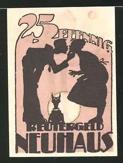 Notgeld Neuhaus 1922, 25 Pfennig, Reutergeld, Ehepaar und Katze, Mann isst Fisch