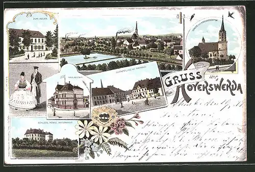Lithographie Hoyerswerda, Totalansicht, Gasthaus zum Adler, Marktplatz mit Rathaus