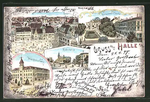 Lithographie Halle / Saale, Panorama mit Marktplatz, Promenade m. Theater u. Postgebäude