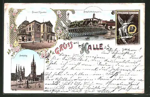 Lithographie Halle / Saale, Stadt-Theater, Marktplatz & Burg Giebichenstein mit Kaiserdenkmal