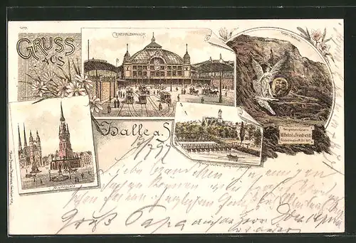 Lithographie Halle / Saale, Centralbahnhof, Kaiser-Denkmal, Marktplatz & Burg Giebichenstein