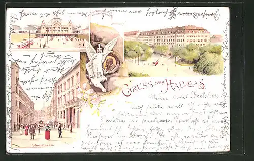 Lithographie Halle / Saale, Steinstrasse, Bahnhof, Kaiserdenkmal & Frankesche Stiftung