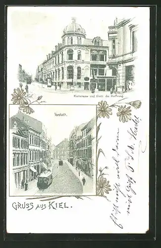 Lithographie Kiel, Karlstrasse & Etabl. die Hoffnung, Strassenbahn in der Vorstadt