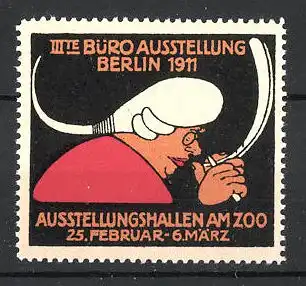 Reklamemarke Berlin, III. Büro-Ausstellung 1911, Mann schnitzt an Feder