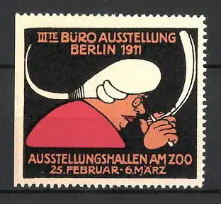 Reklamemarke Berlin, III. Büro-Ausstellung 1911, Mann schnitzt an Schreibfeder