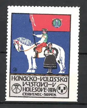 Reklamemarke Holesove, Hanacko Valasska Vystava 1914, Bauern in Tracht mit Pferd, Wappen