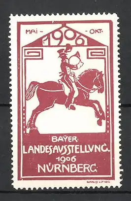Reklamemarke Nürnberg, Bayerische Landesausstellung 1906, Postreiter, rot