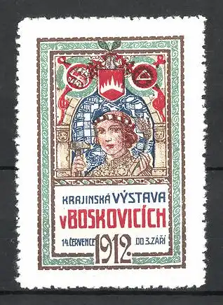 Reklamemarke Boskovicich, Krajinska Vystava 1912, Frau mit Hammer und Wappen