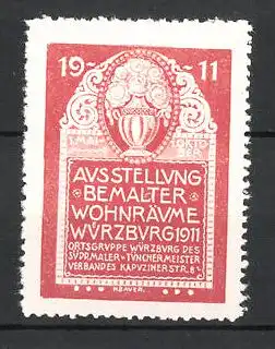Reklamemarke Würzburg, Ausstellung bemalter Wohnräume 1911, Blumenvase, rot