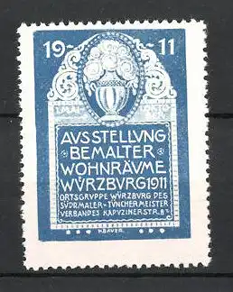 Reklamemarke Würzburg, Ausstellung bemalter Wohnräume 1911, Blumenvase, blau