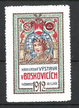 Reklamemarke Boskovicich, Krajinska Vystava 1912, Dame mit Hammer und Wappen