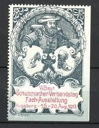 Reklamemarke Augsburg, VI. Bayerische Schuhmacher-Verbandstag und Fach-Ausstellung 1913, Schuhmacher und Wappen