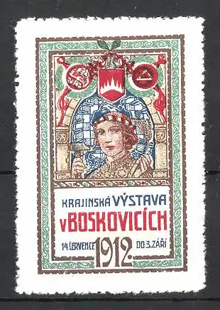 Reklamemarke Boskovicich, Krajinská Vystava 1912, Frau mit Hammer und Wappen