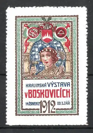 Reklamemarke Boskovicich 1912, Krajinska Vstava, Wappen und Frau mit Hammer