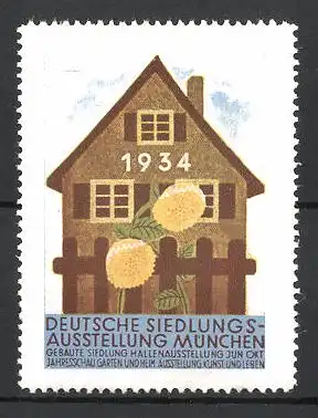 Reklamemarke München, Deutsche Siedlungs-Ausstellung 1934, Wohnhaus und Blumen