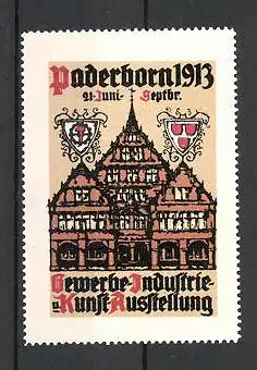 Reklamemarke Paderborn, Gewerbe-und Industrie-Ausstellung 1913, Giebelhäuser und Wappen