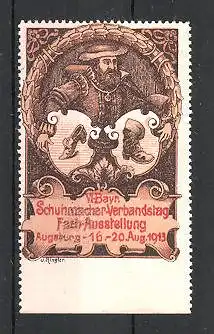 Reklamemarke Augsburg, VI. Bayrischer Schumacher-Verbandstag-Ausstellung 1913, Schuhmacher mit Wappen