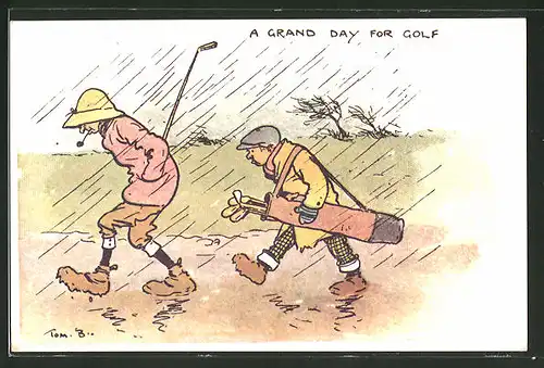 Künstler-AK Tom Browne: "A Grand Day for Golf", Zwei Golfer im Regen