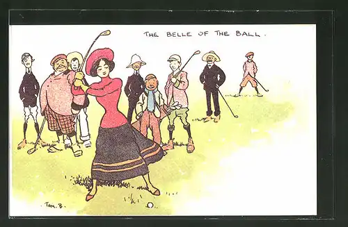 Künstler-AK Tom Browne: "The Belle of the Ball", Golfspieler schauen einer Dame zu