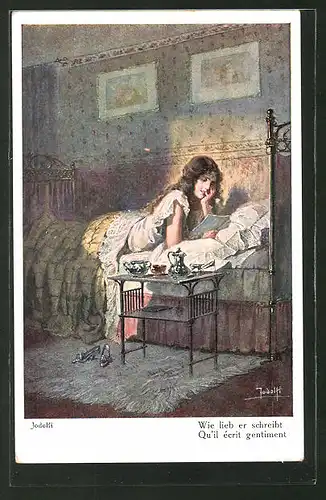 Künstler-AK Adolf (Jodolfi): Frau liest in ihrem Bett Liebesbriefe