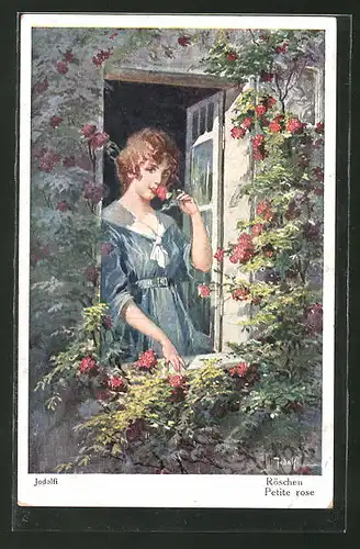 Künstler-AK Adolf (Jodolfi): Junge Dame riecht an einer Rose