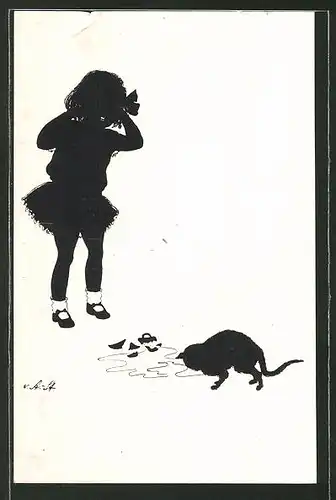 Künstler-AK Ov. Alt-Stutterheim: Katze und tollpatschiges Kind, Silhouette
