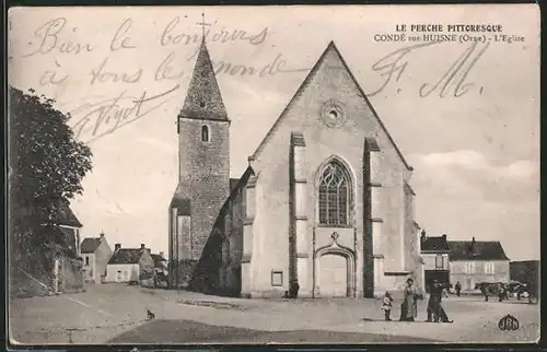 AK Condé-sur-Huisne, l'église vue de la place
