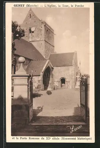 AK Genet, l'église, la tour, le porche et la porte romane du XIe siècle