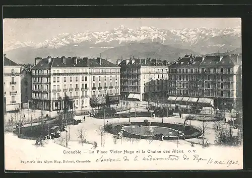 AK Grenoble, la place Victor Hugo et la chaine des Alpes
