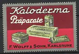 Reklamemarke Karlsruhe, Kaloderma Präparate, F. Wolff & Sohn, verschiedene Seifen