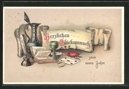 AK Neujahr, mittelalterliche Schreibutensilien und Glücksbringer