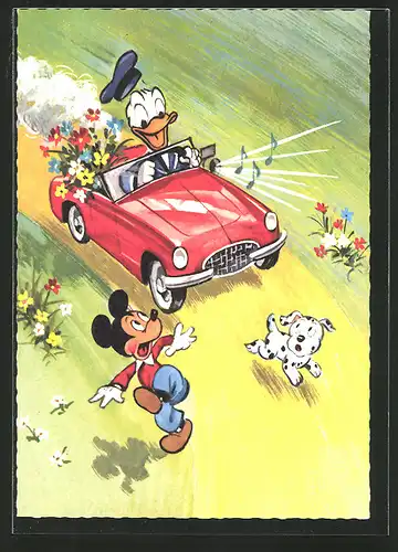 AK Donald Duck hat nicht vor mit seinen roten Flitzer zu bremsen und überfährt beinahe Micky Maus, Walt Disney Comic