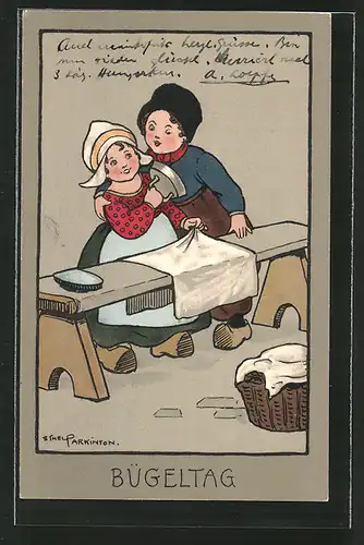 Künstler-AK Ethel Parkinson: Bügeltag, niederländische Kinder bügeln mit einem Bügeleisen die Wäsche