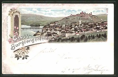 Lithographie Burglengenfeld, Panoramablick auf Ort und Burg