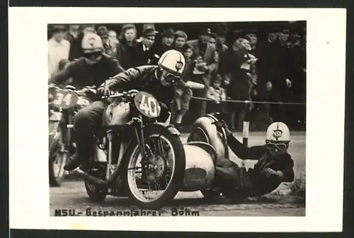 Fotografie Motorrad NSU, Rennfahrer Böhm Motorrad-Rennen mit Seitenwagen, Gespann Startnummer 40