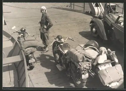 Fotografie Motorrad NSU-601 TS, Krad mit Seitenwagen auf einer Fähre