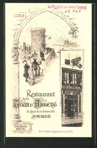 Künstler-AK Paris, Restaurant de la "Tour d'Argent", 15. Quai de la Tournelle, oldest Restaurant in Paris