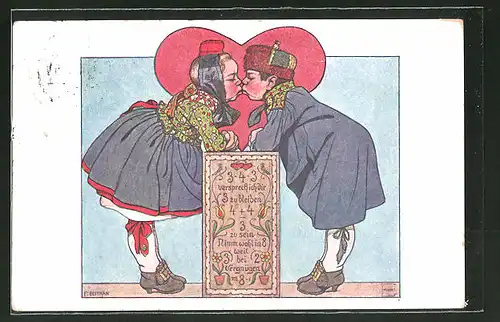 Künstler-AK Emil Beithan: Sich küssendes hessisches Paar