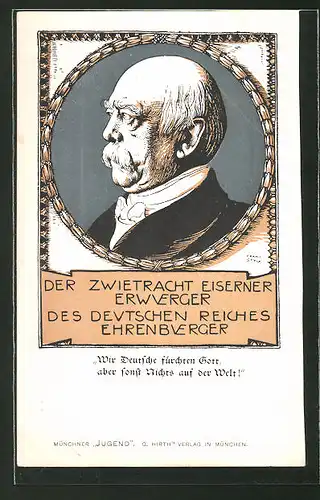 Künstler-AK Franz Stuck: "Der Zwietracht eiserner Erwürger...", Reichskanzler Bismarck