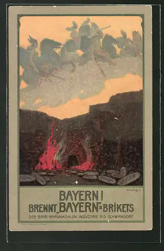 Künstler-AK Schwandorf, Reklame für "Bayern"-Briketts der Bayr. Braunkohlen-Industrie AG